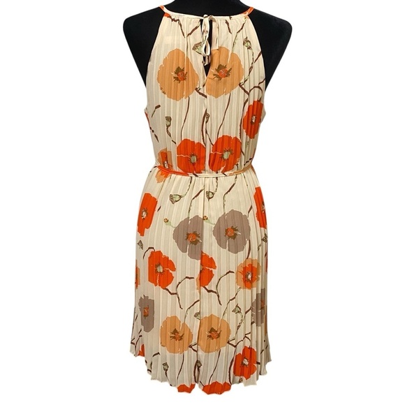 Ellames Orange Floral Pleated Swing Dress Retro Poppy Print Belted Medium - Picture 4 of 8